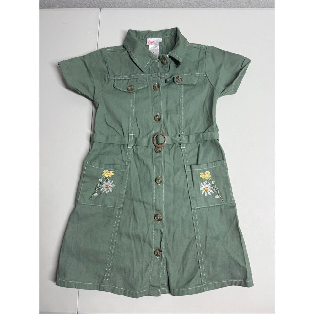 Little Lass Girls Army Green Dress Floral Embroidery Button Down Belted Size 6X
